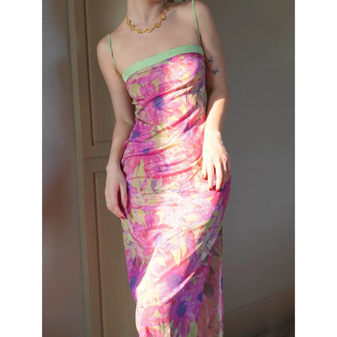 sibleu法式小众设计新中式显瘦性感碎花拼接撞色修身高腰连衣裙