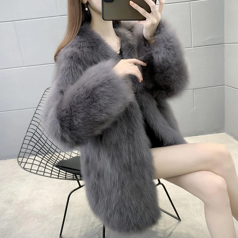 高档洋气百搭女仿皮草气质2022秋冬海宁大衣V领时尚潮牌加厚潮
