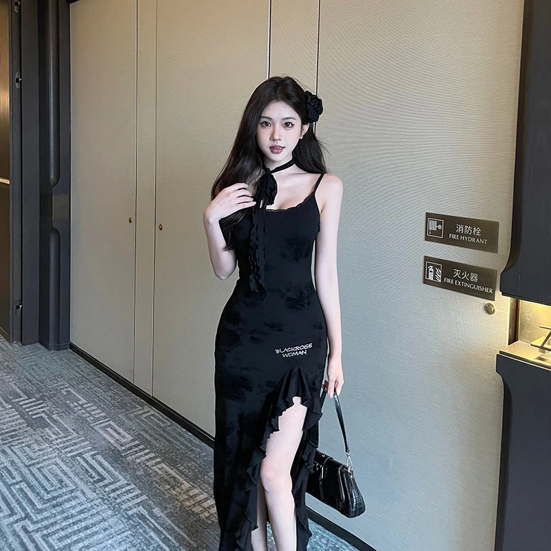 【椿里】 黑色性感不规则吊带连衣裙女辣妹网纱长袖罩衫套装长裙