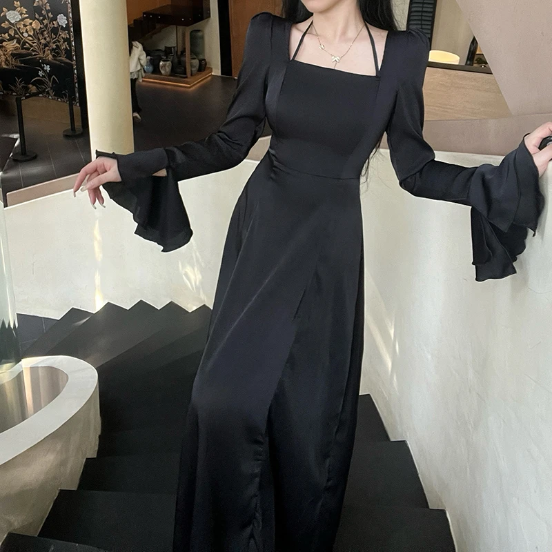 【欲系慵懒】秋季法式气质高贵时尚大方领交叉绑带A摆收腰长裙女