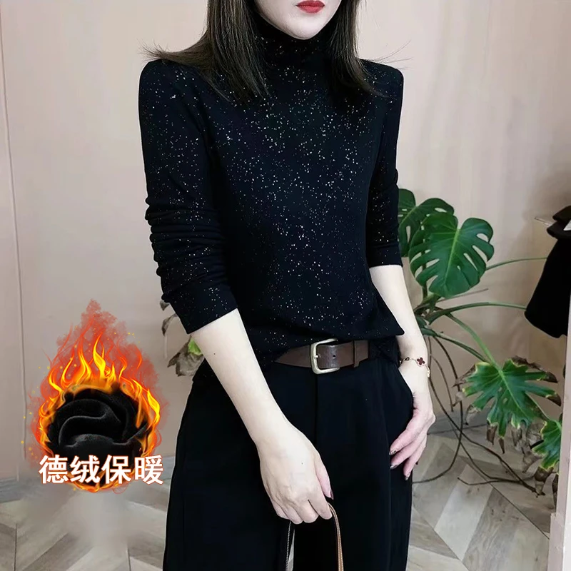 高档冬季新品显瘦时尚长袖双面德绒上衣绒衫女纯色高领保暖打底衫