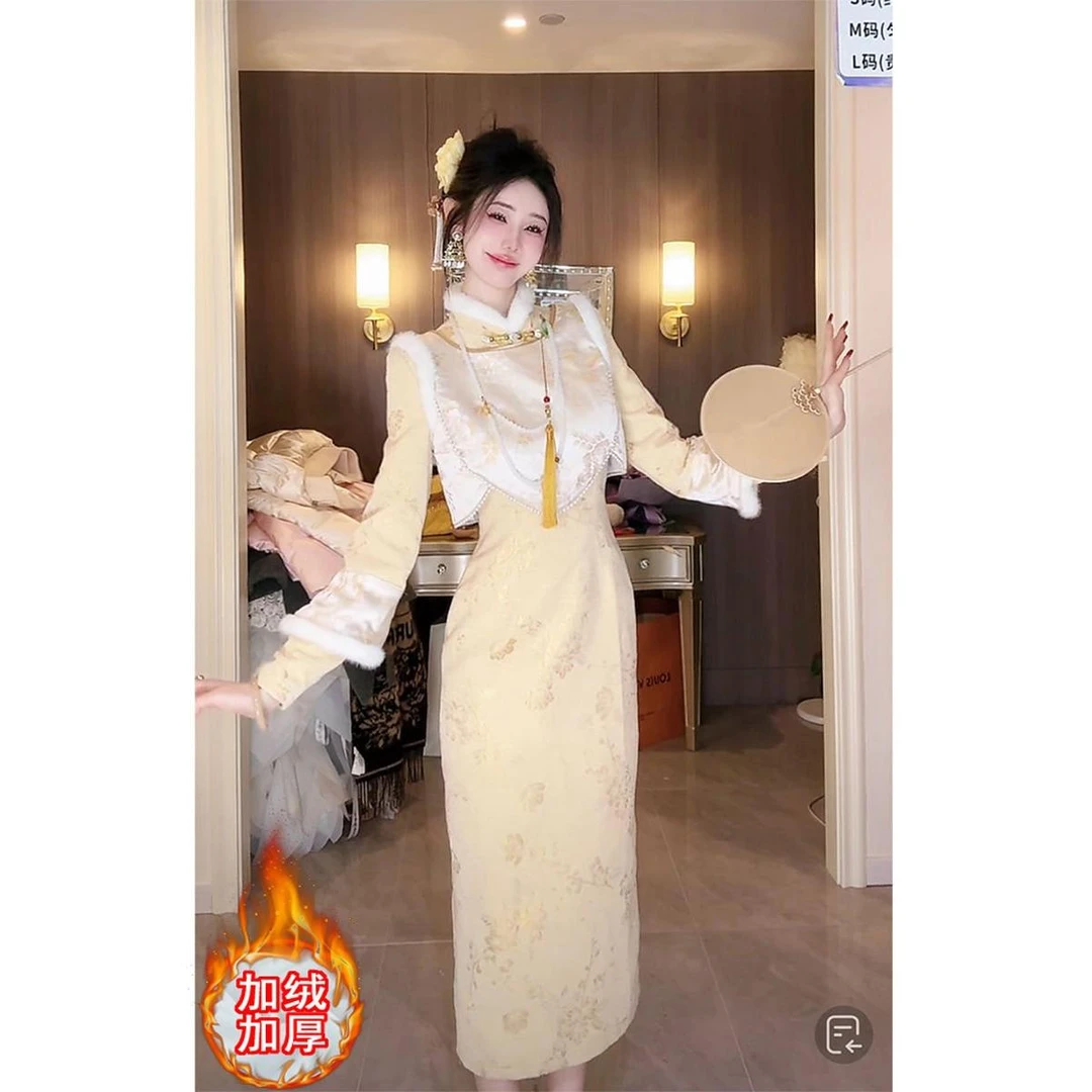 2024年秋冬季新中式国风修身优雅系改良版旗袍裙套装【广寒仙子】