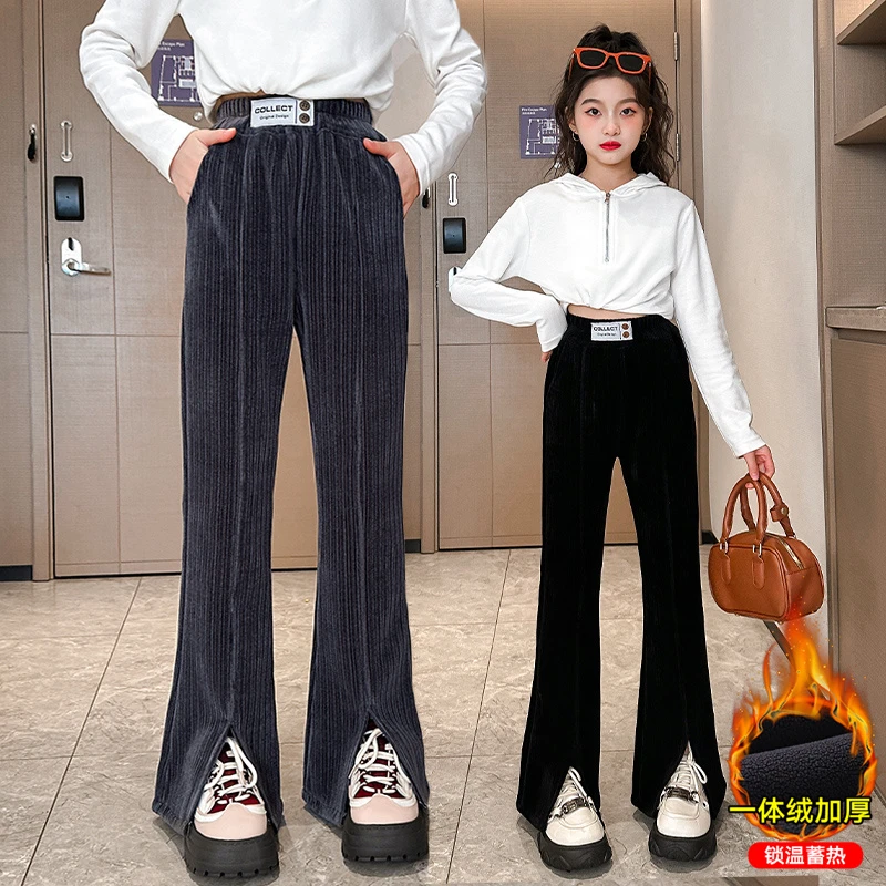 女童秋冬加绒裤子中大童时尚休闲雪尼尔喇叭裤儿童冬装加厚开叉裤