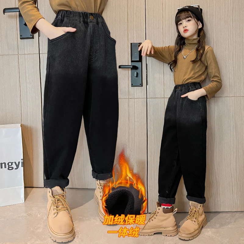 女童裤子秋冬装洋气加绒加厚宽松休闲老爹裤儿童中大童冬季牛仔裤