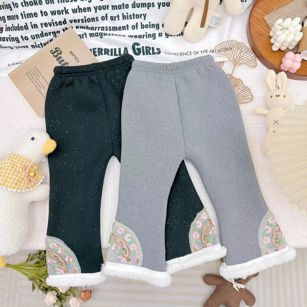 冬款新款女童国风加绒加厚裤脚扇形图撒银休闲裤 D-CN281