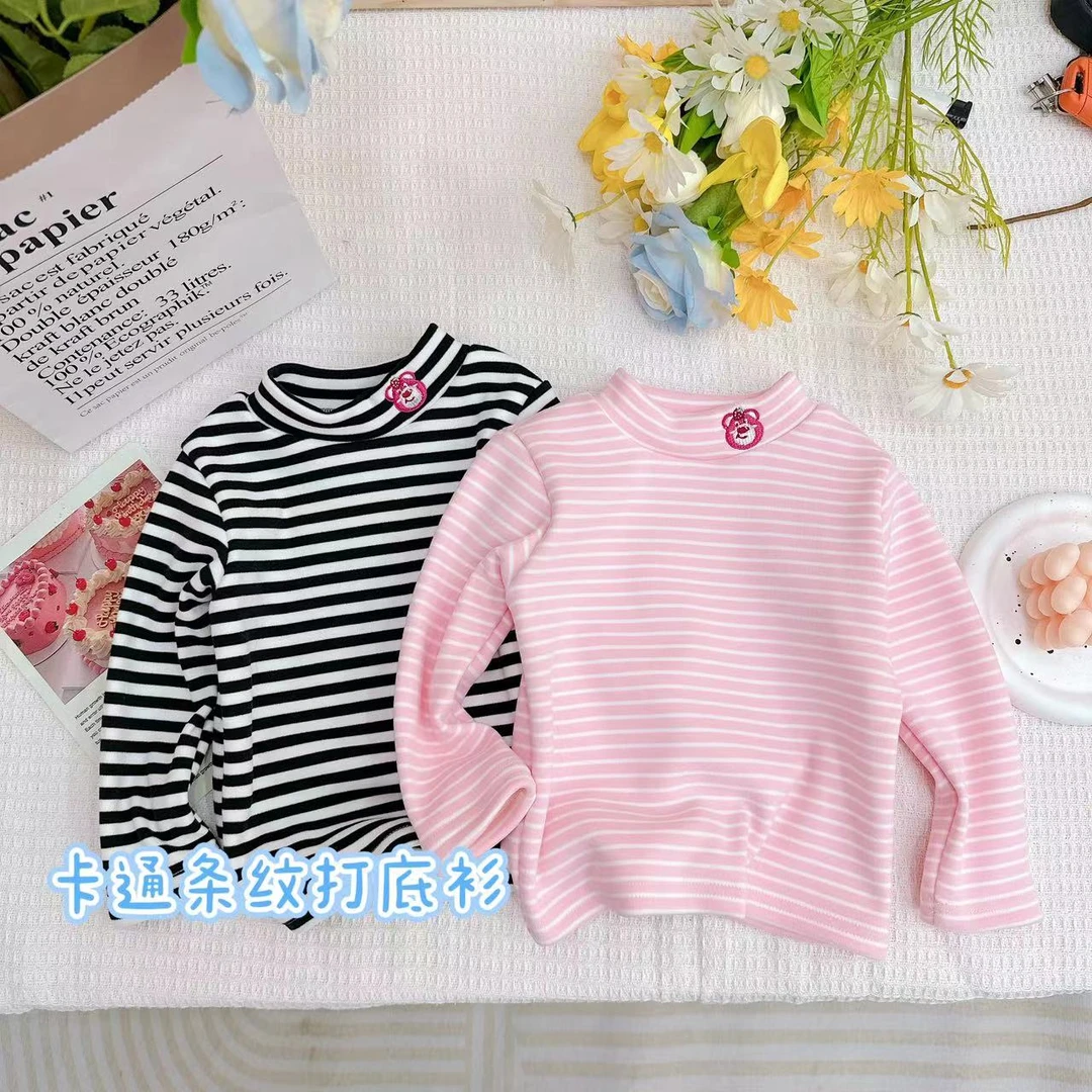 *不会出错*冬款新款女童甜美百搭条纹刺绣加绒打底衫.D-FC698