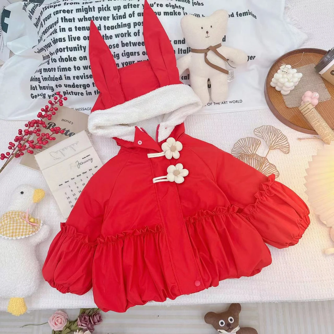 冬款新款女童可爱小红帽兔耳朵加绒拜年服外套 D-J179