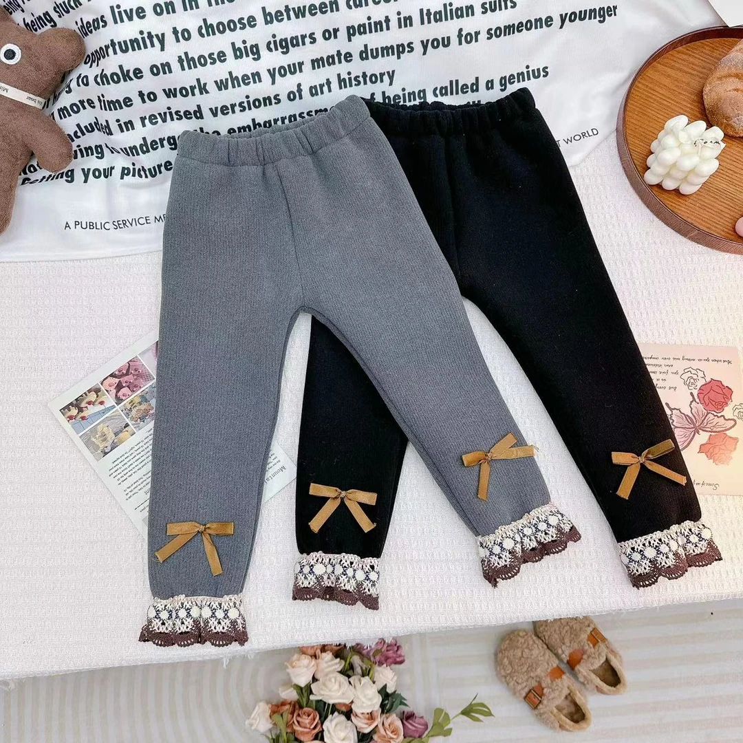 冬款新款女童甜美花边蝴蝶结加绒加厚打底裤  D-FE392