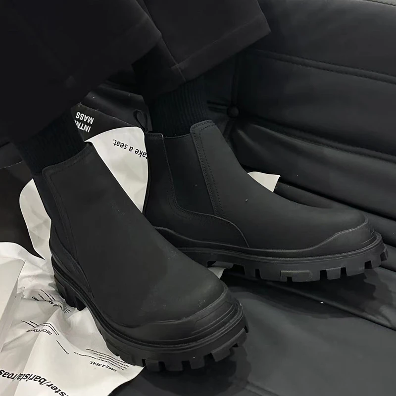 HUALUN Design冬季男款马丁靴中帮增高黑色休闲皮鞋皮靴YH92718