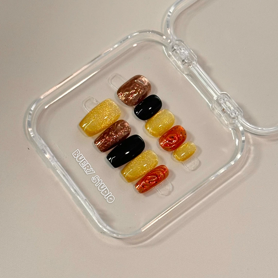 【英式下午茶】四季款AB甲 褶皱造型跳色猫眼 纯手工纯戴甲