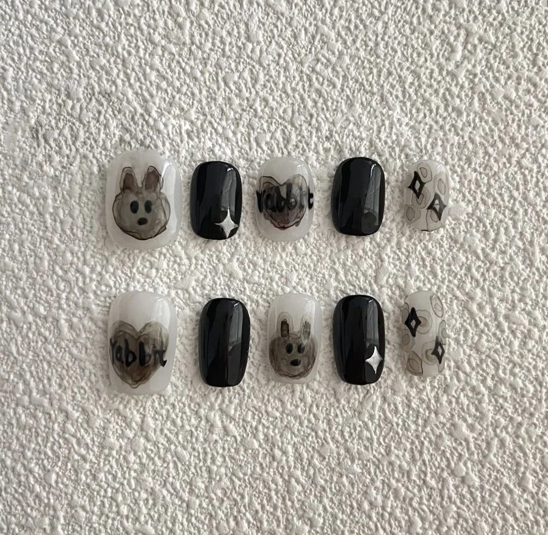 【rabbit小兔】ins风水彩晕染美甲质感黑白风 纯手工穿戴甲