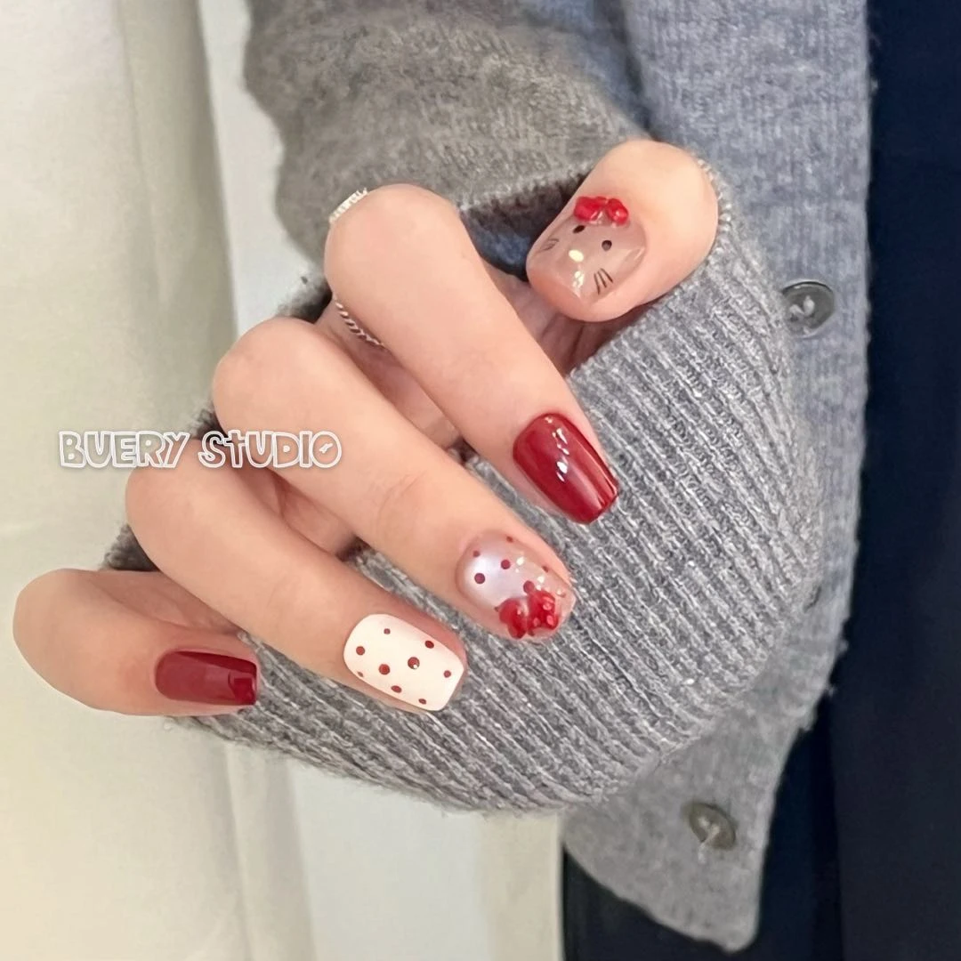 【红色凯蒂】现货 KT猫 红色显白猫眼 显白纯手工穿戴甲