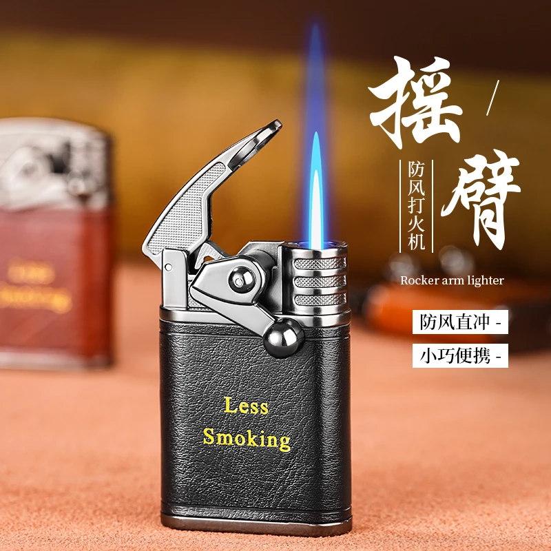 网红新款充气打火机创意个性摇臂砂轮机械式高端皮质送男朋友