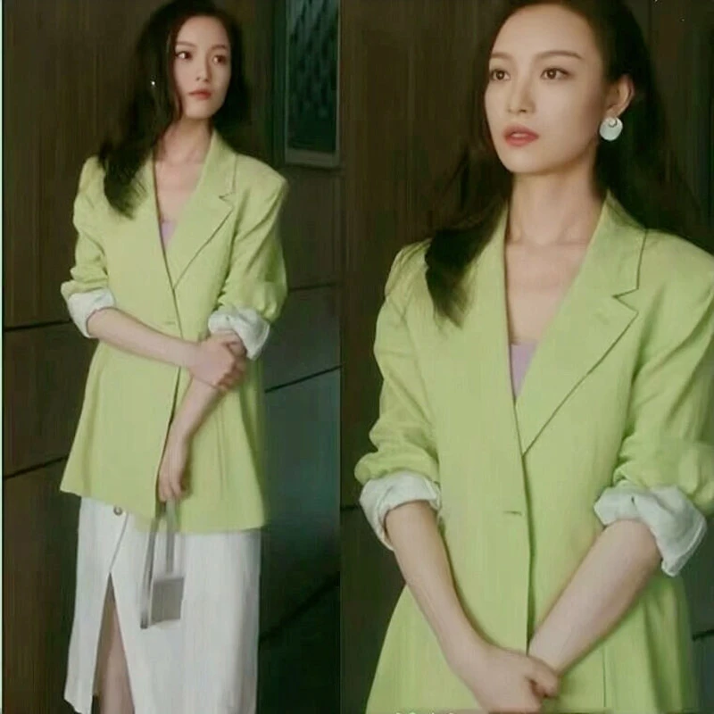 流金岁月朱锁锁罗子君同款棉麻西服设计感天丝亚麻高级绿色小西装