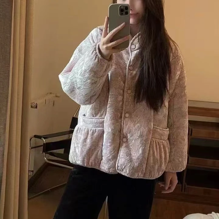 休闲立领冬季新款睡衣女三层加厚加绒保暖外穿家居服套装秋冬时尚