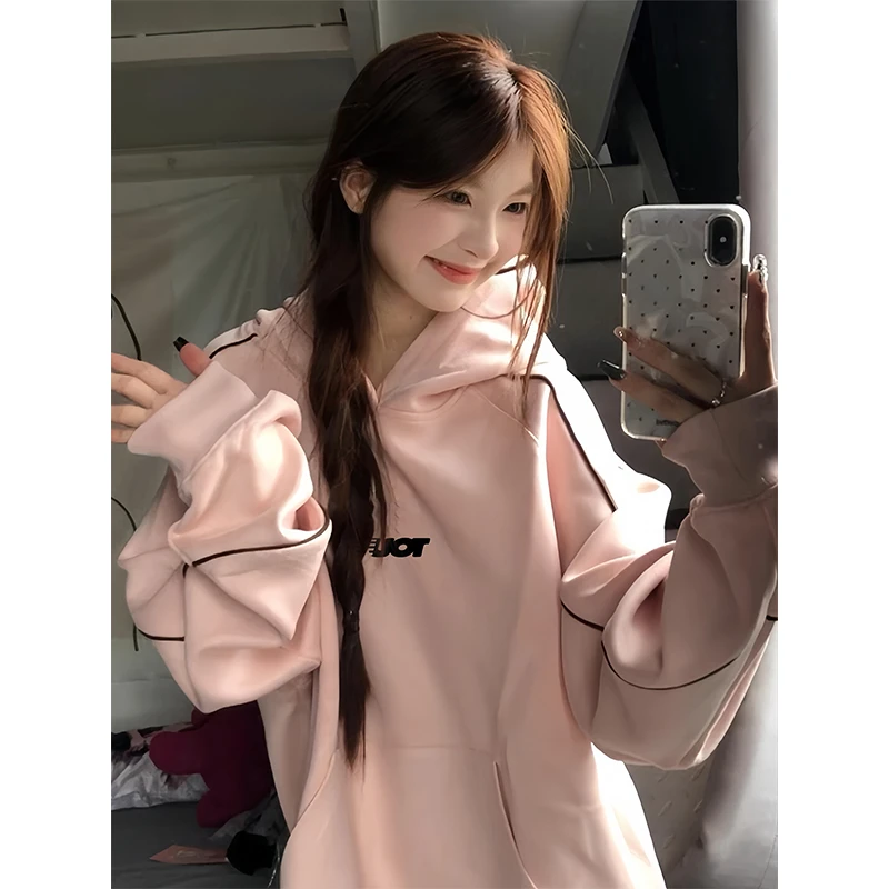 ABFP春秋长袖宽松连帽衫加绒加厚卫衣女学生潮流时尚印花小众外套