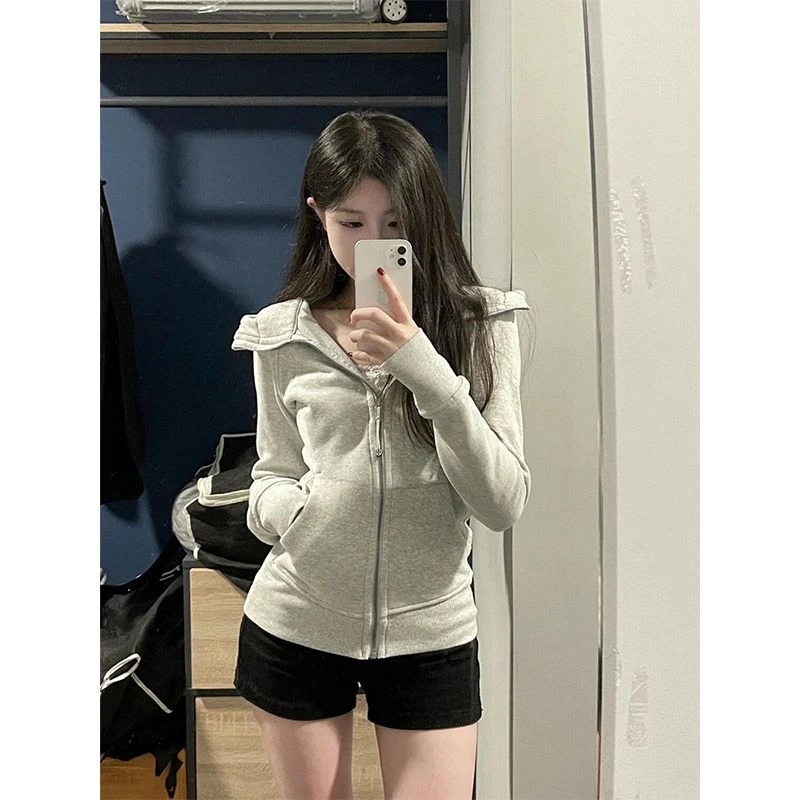 春秋网红辣妹连帽纯色卫衣时尚修身显瘦长袖加绒加厚拉链外套