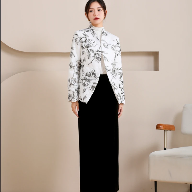 时尚休闲气质长袖覆纱印花秋冬碎花棉衣薄款女士