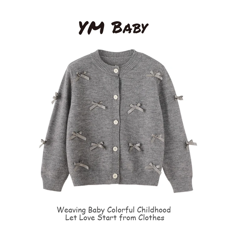 新款爆款春款甜美蝴蝶结开衫轻奢百搭时尚开春女童毛衣亲子红色