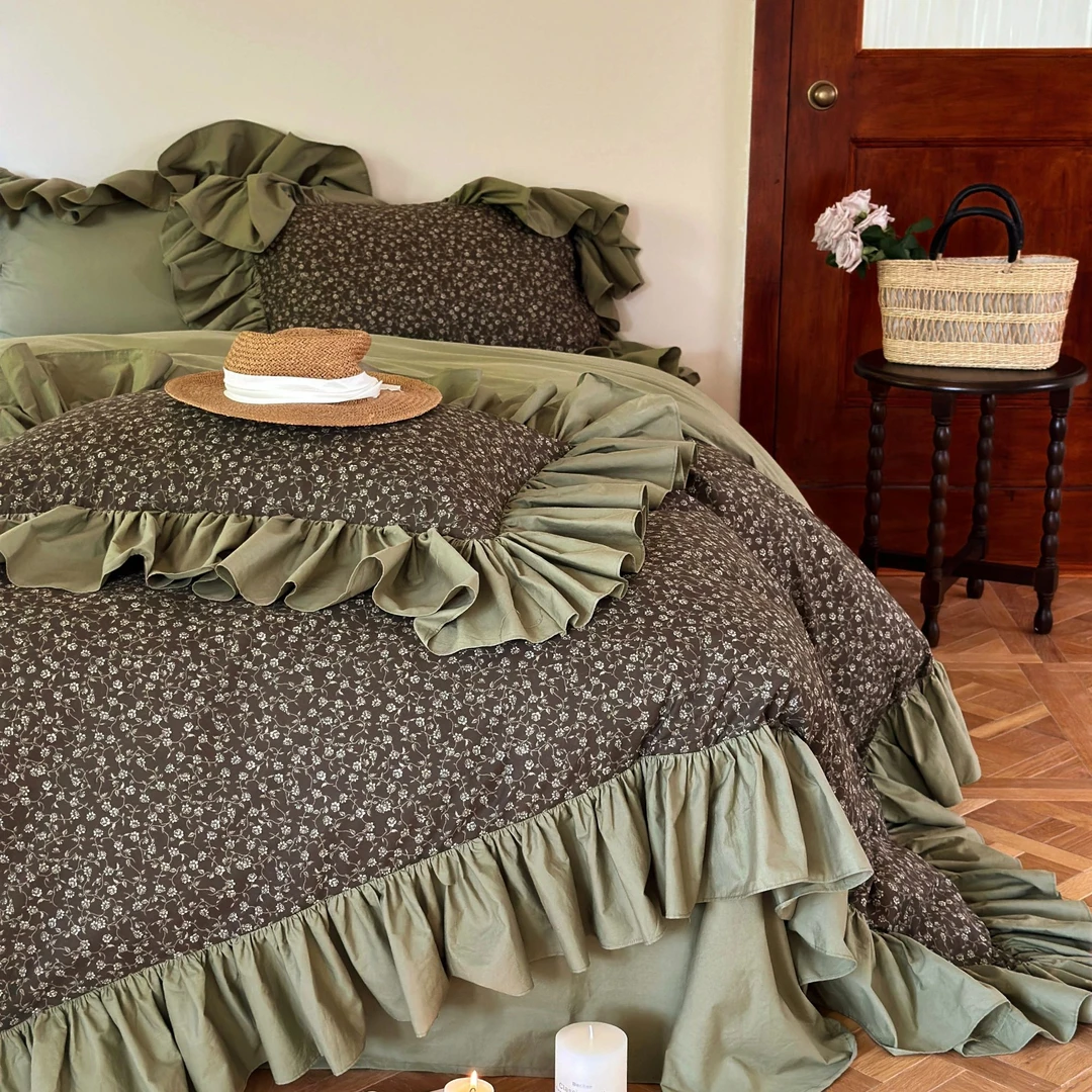 西西Style【绿花丛】法式中古田园风大花边全棉水洗棉床单款四件套