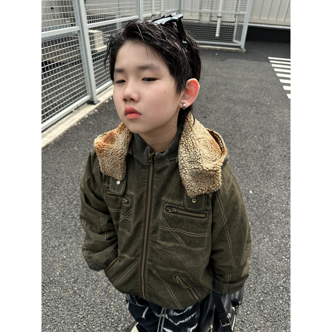 儿童毛里外套2024冬季做旧废土风男童连帽夹克衫保暖衣服加绒韩版