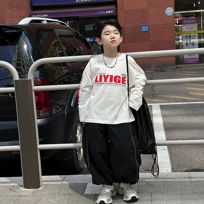 儿童长袖打底衫24年秋装新款男童t恤字母T休闲洋气衣服潮