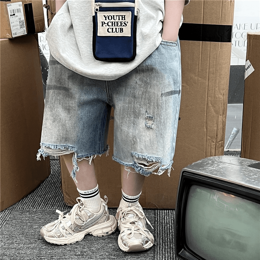 24夏款儿童牛仔中裤 美式涂鸦做旧复古破洞男女童牛仔短裤五分裤