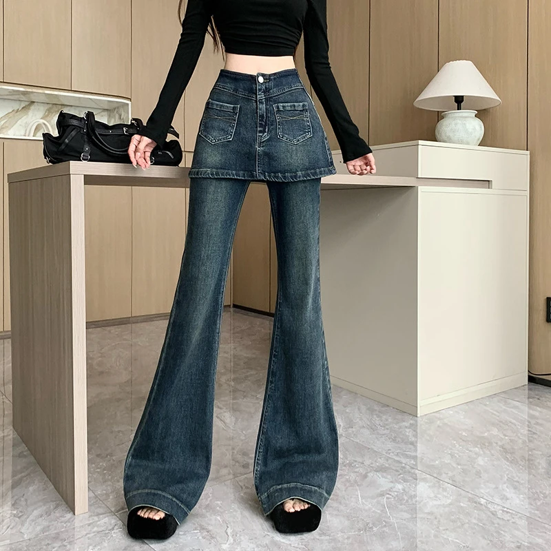 实拍韩版假两件女小众设计感气质高腰显瘦百搭时尚微喇裙裤牛仔裤