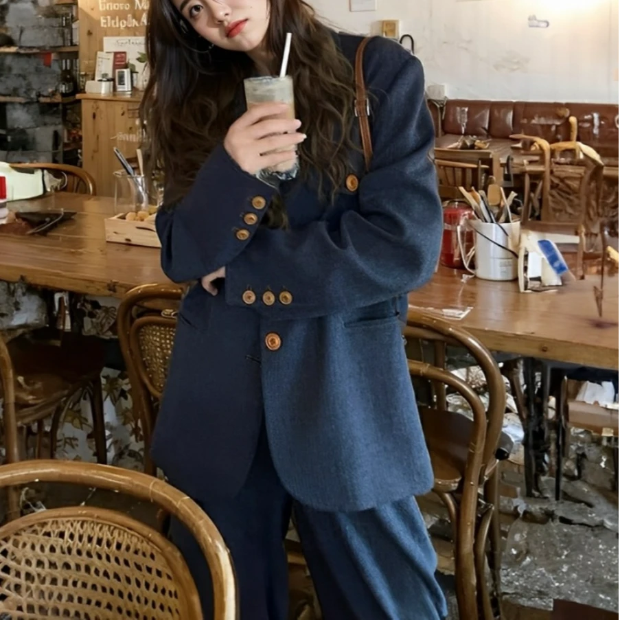 高级感大码女装宽松西装套装胖mm复古蓝色西服阔腿裤两件套200斤