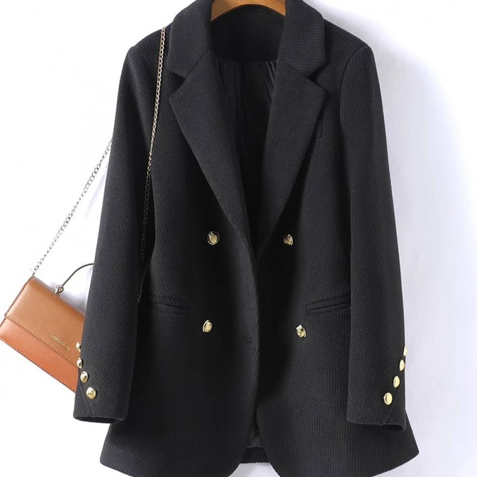 25秋冬夹棉新款毛呢外套胖mm金属扣西装女高级感炸街气质百搭西服
