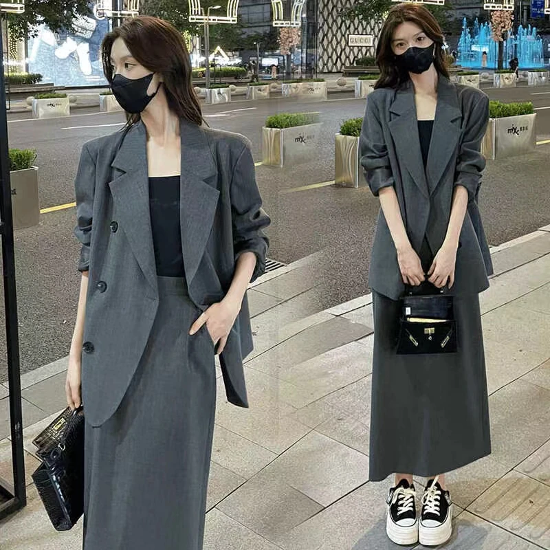高级感职业西装套装裙女胖mm春秋款气质西服外套高腰半身裙两件套