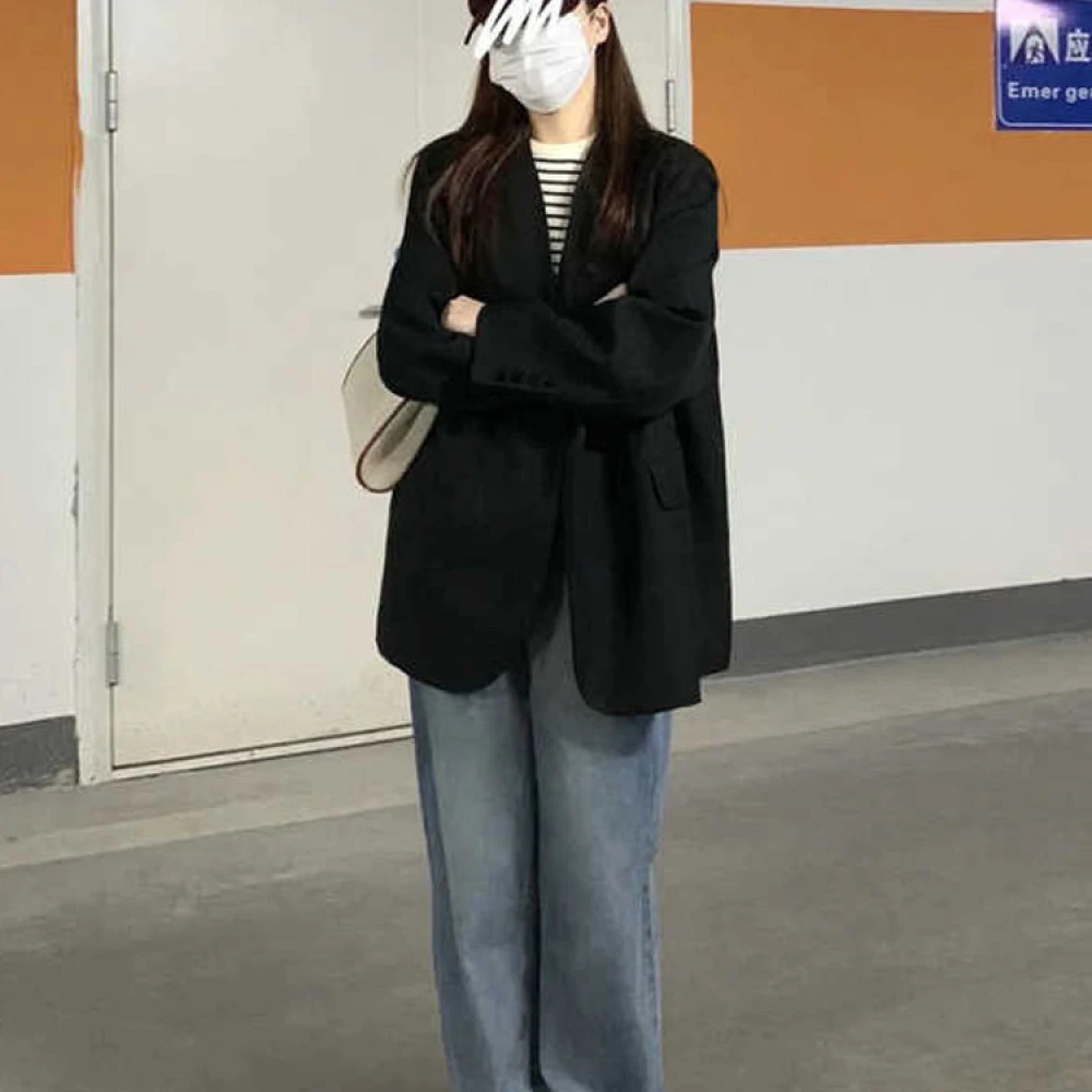 2025春秋新款大码女装胖mm西装外套200斤宽松黑色显瘦女西服