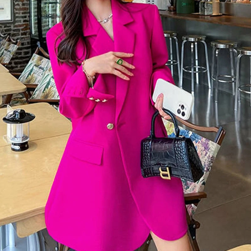 25春季新款大码女装玫红西装外套女春秋胖mm中长款洋气休闲西服女