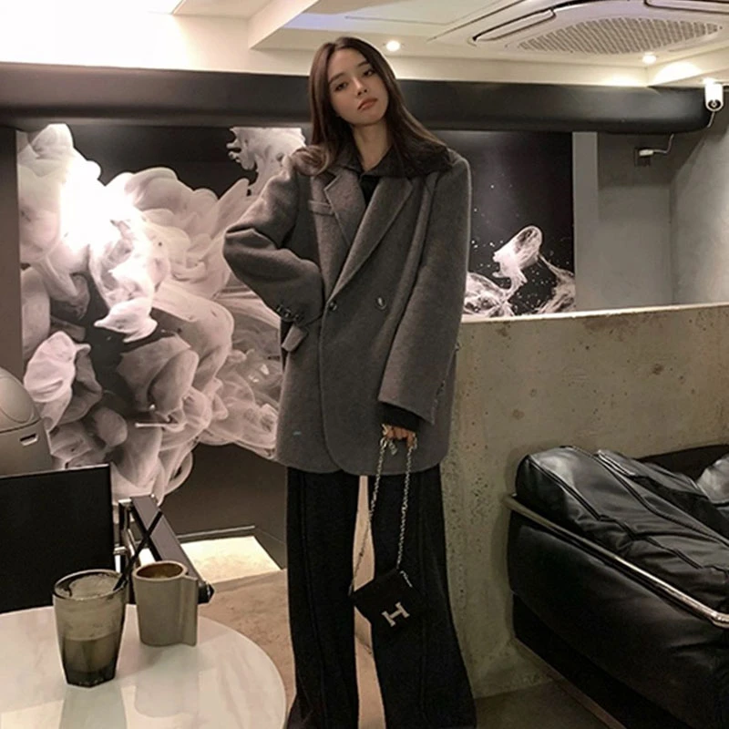 秋冬新款百搭毛呢西装外套女韩版宽松加厚气质呢子大衣小个子