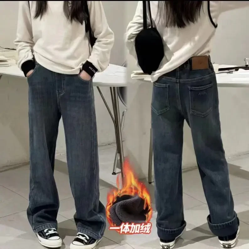 【加绒】女童牛仔裤2025冬新款一体加绒牛仔阔腿中大童男女童直筒裤