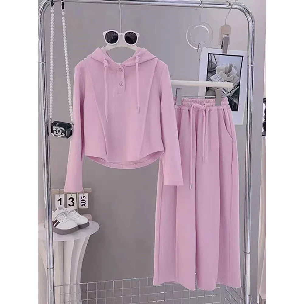 女童装春秋时髦洋气套装中大童女孩粉色连帽衫直筒休闲裤两件套潮