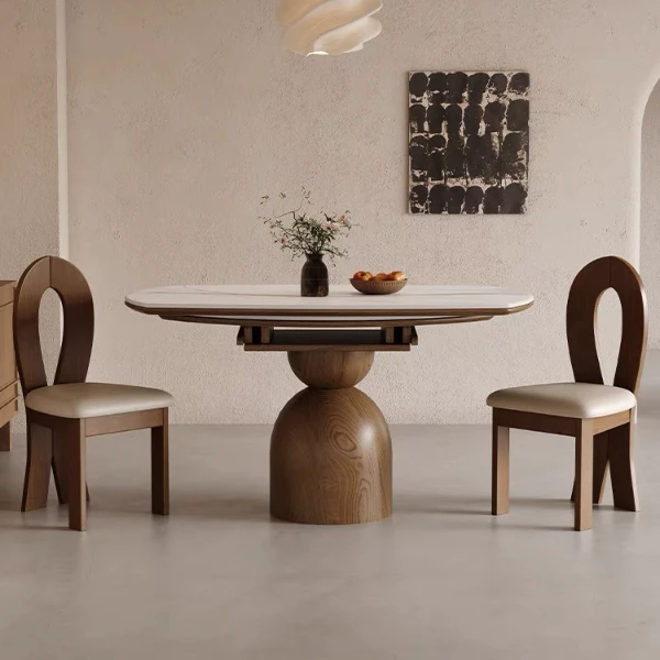 白蜡木中古风可方可圆实木底座餐桌法式复古风岩板高档餐桌椅圆桌