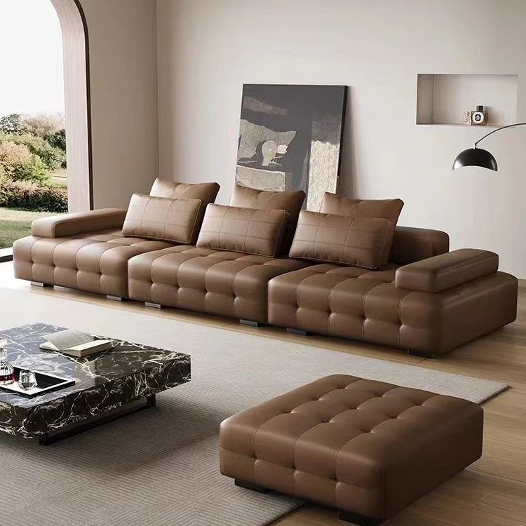 复古棕轻奢高端劳伦斯真皮沙发中古咖高端客厅沙发大户型直排沙发