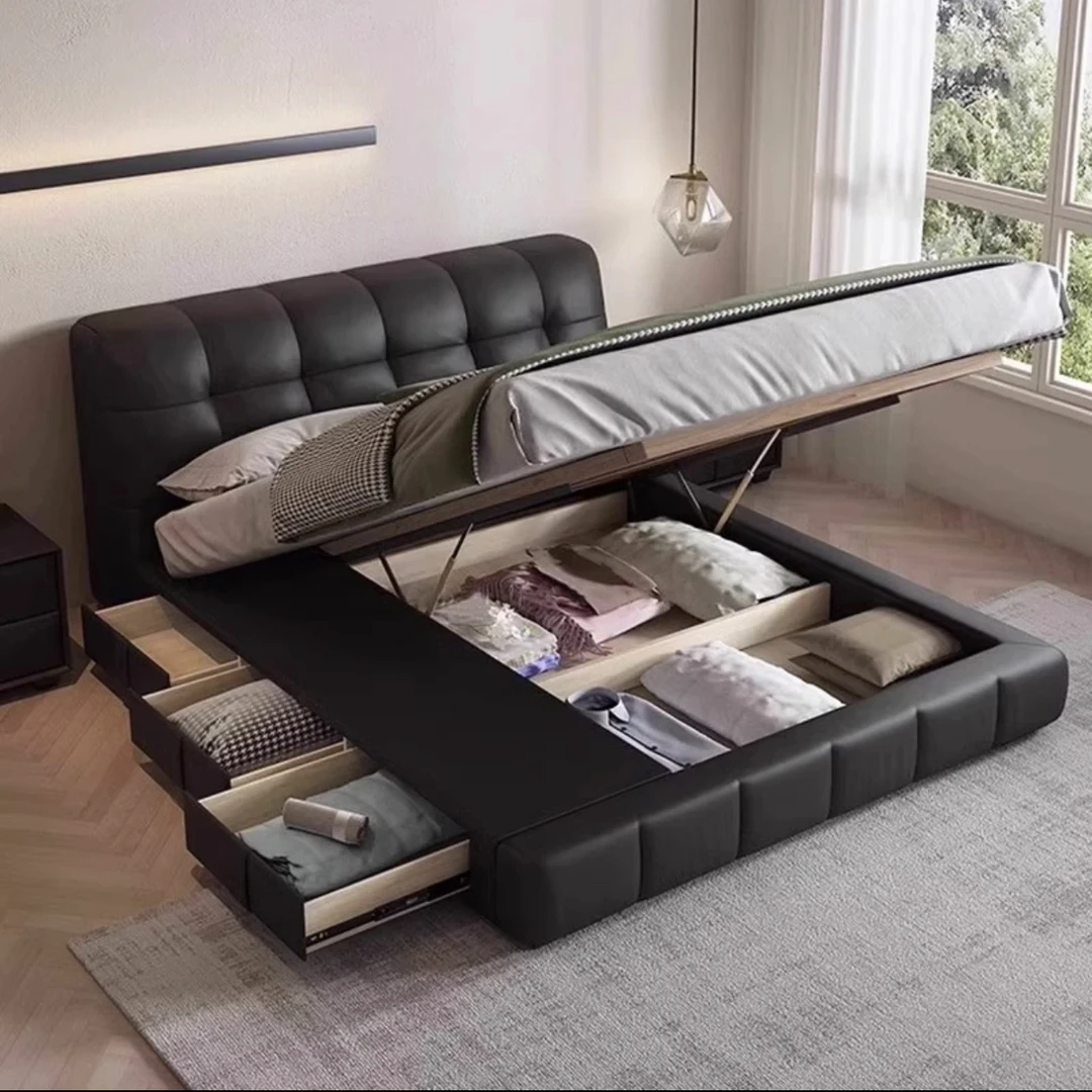 复古风奶油风泡芙储物气压带抽屉床真皮床双人主卧小黄牛皮软包床