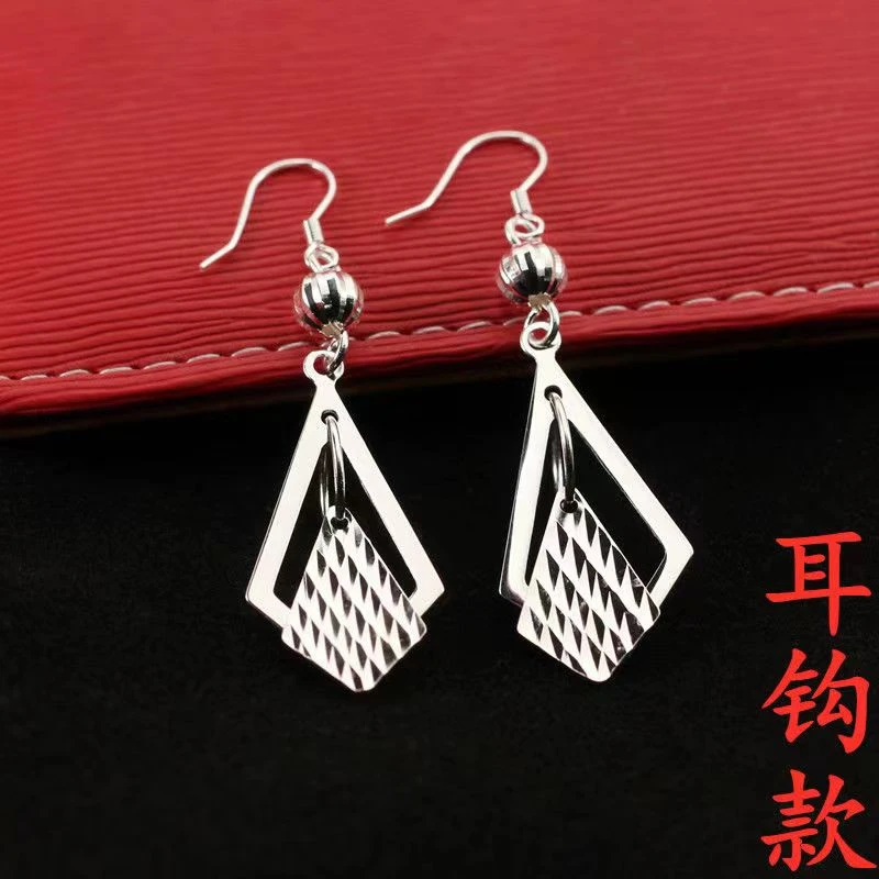 足银耳饰 足银990车花菱形时尚气质防过敏高级百搭流苏镂空耳环