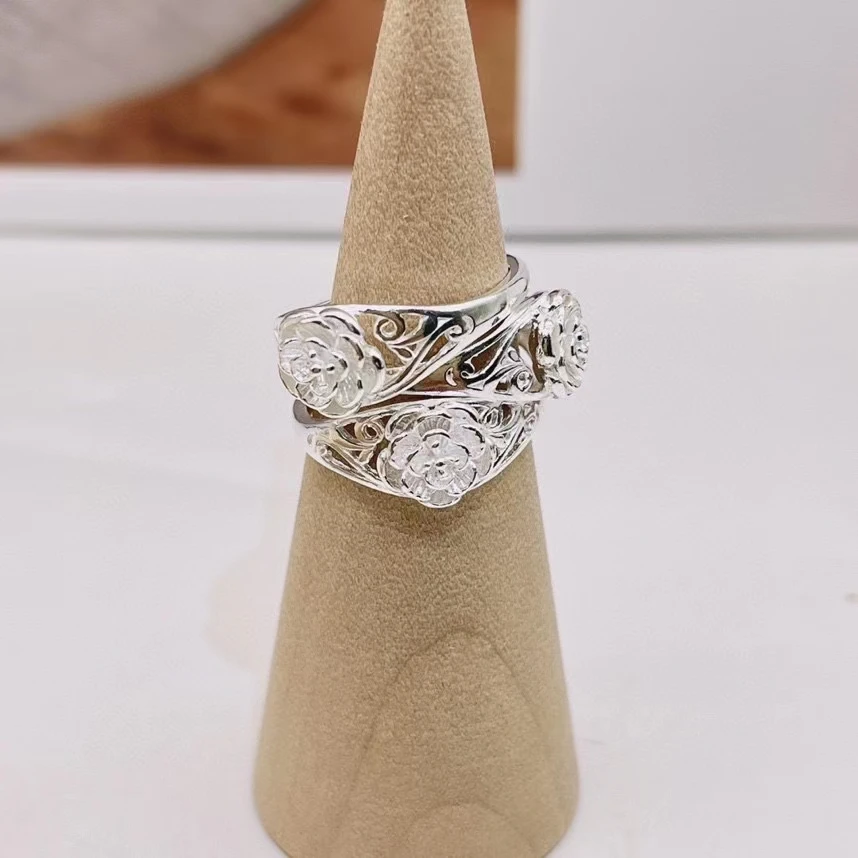 足银戒指 足银990手工款玫瑰花气质活口戒指时尚镂空可调节素款