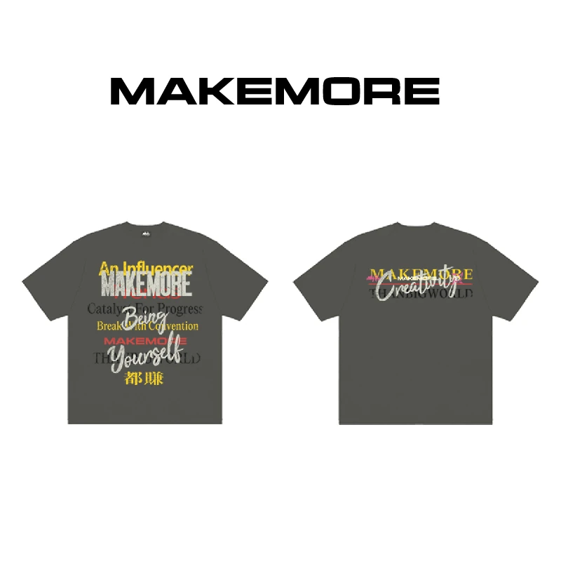Makemore 短袖T恤男生夏季新款都赚美式复古做旧印花灰色纯棉上衣