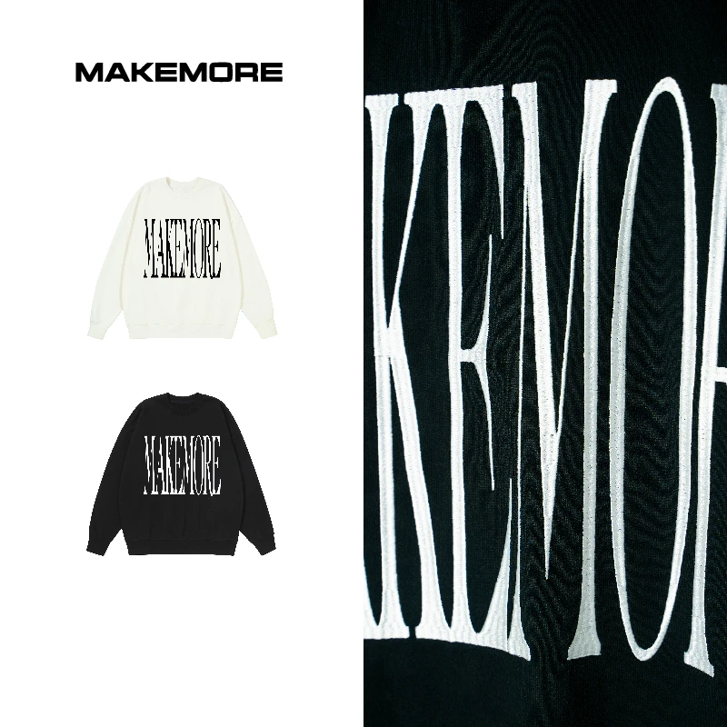Makemore卫衣男秋冬新款圆领刺绣美式长袖重磅复古休闲情侣上衣女
