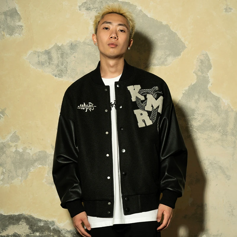 Makemore棒球服夹克男春季新款“灵蛇盘踞”PU皮流行美式高级外套
