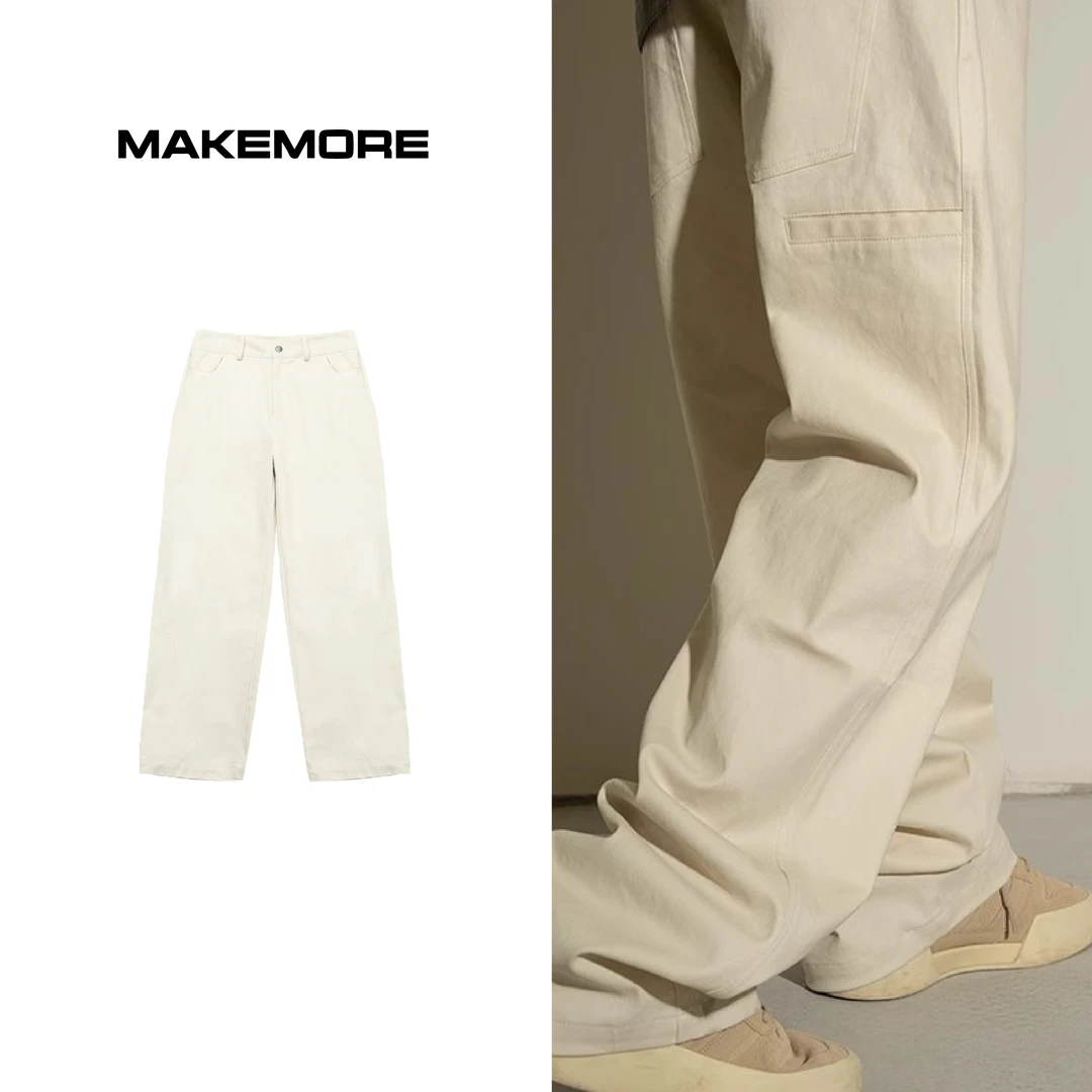Makemore休闲裤W01男浅色纯棉宽松直筒潮流百搭休闲白色裤子女