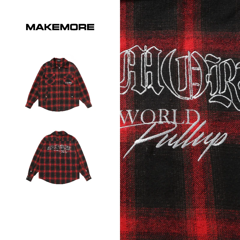 Makemore格子衬衫男秋冬新款重磅磨毛黑色美式复古刺绣休闲外套女