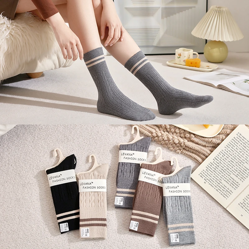 美利奴羊毛袜子女秋冬保暖长筒袜月子袜堆堆条纹加厚冬天中高筒袜