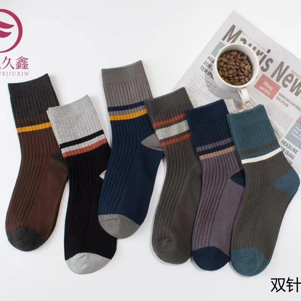 【5双】男士--春夏季新款中筒袜男袜防臭透气吸汗运动棉袜条纹长袜