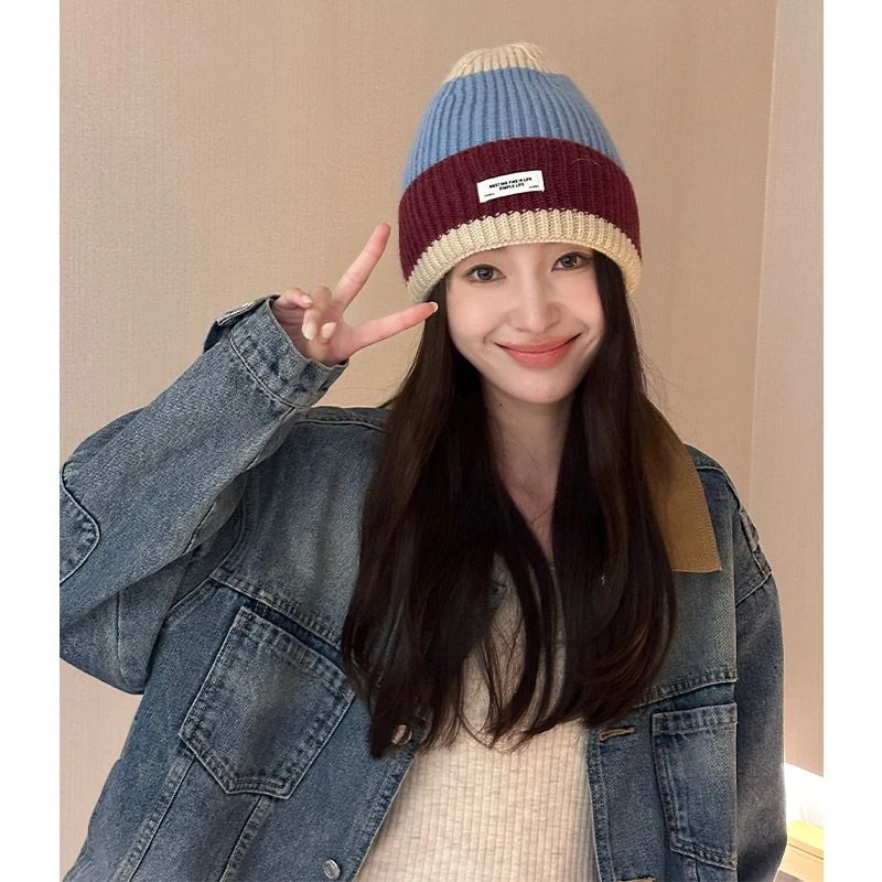 韩版撞色毛线帽女秋冬季2023新款大头围冷帽百搭保暖包头针织帽子