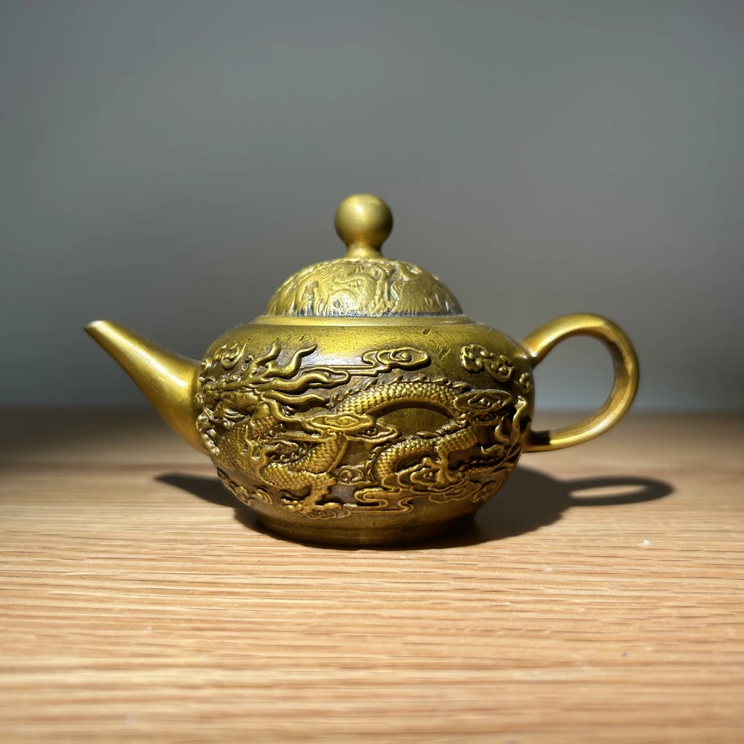 黄铜龙凤壶水滴壶铜壶双龙壶工艺品摆件纯铜铜茶壶家用酒壶